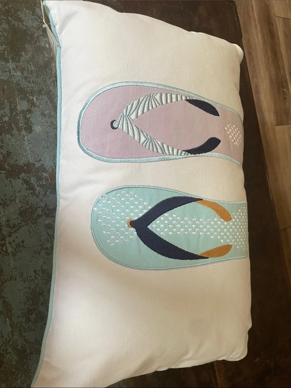 Embroidered Flip Flop Decorative Pillow - Lavender & Aqua